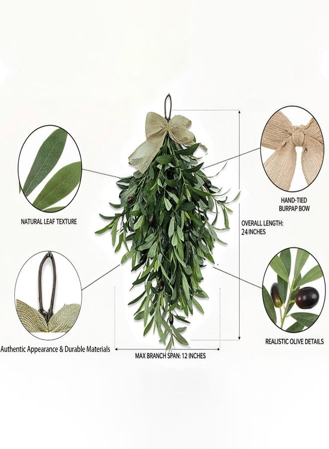 Rotroyce Artificial Olive Branch Wreath Teardrop Swag 24 Inch, Faux Greenery Hanging Pendant for Front Door, Wedding Arch, Window & Wall Decor, Year-Round Indoor/Outdoor Farmhouse Porch Decoration (Green) - Image 3